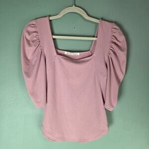 We the Free Womens M Night Lilly Puff Shoulder Square Neck Shirt Top Pink Ribbed